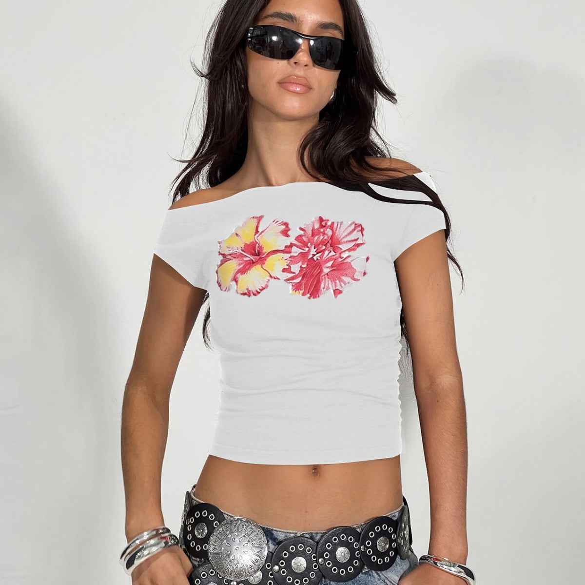 Women Clothing Summer Personalized Printed T shirt off Shoulder Short Sleeve Women Top