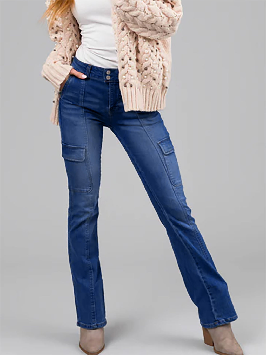 Ladies Double Buckle Waist Stitching Multi Pocket Side Sticker Bag Overalls Denim Stretch Trousers - ALZO