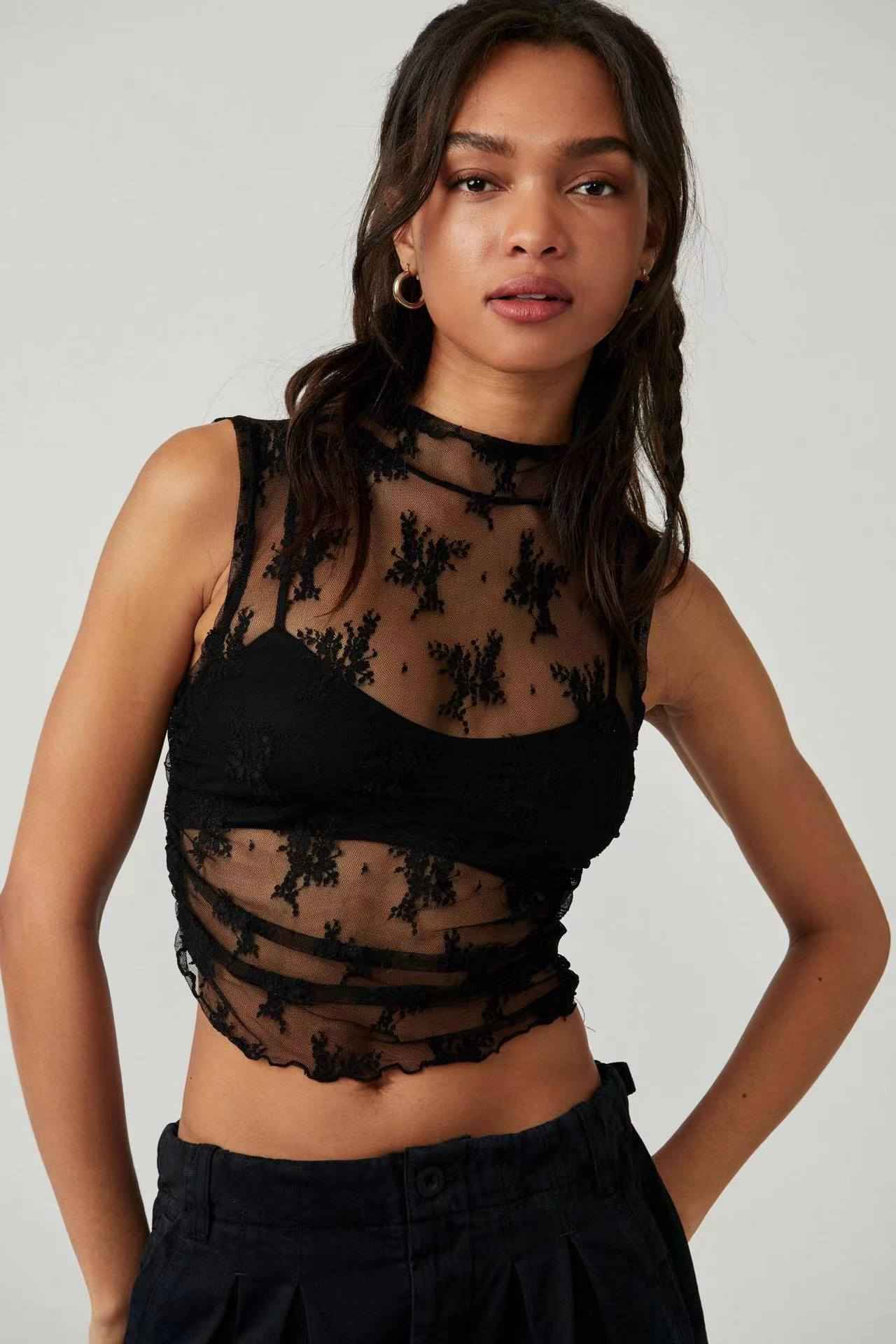 Summer Sexy Design Lace Women Inner Top Fashionable See Through Mesh Vest Women