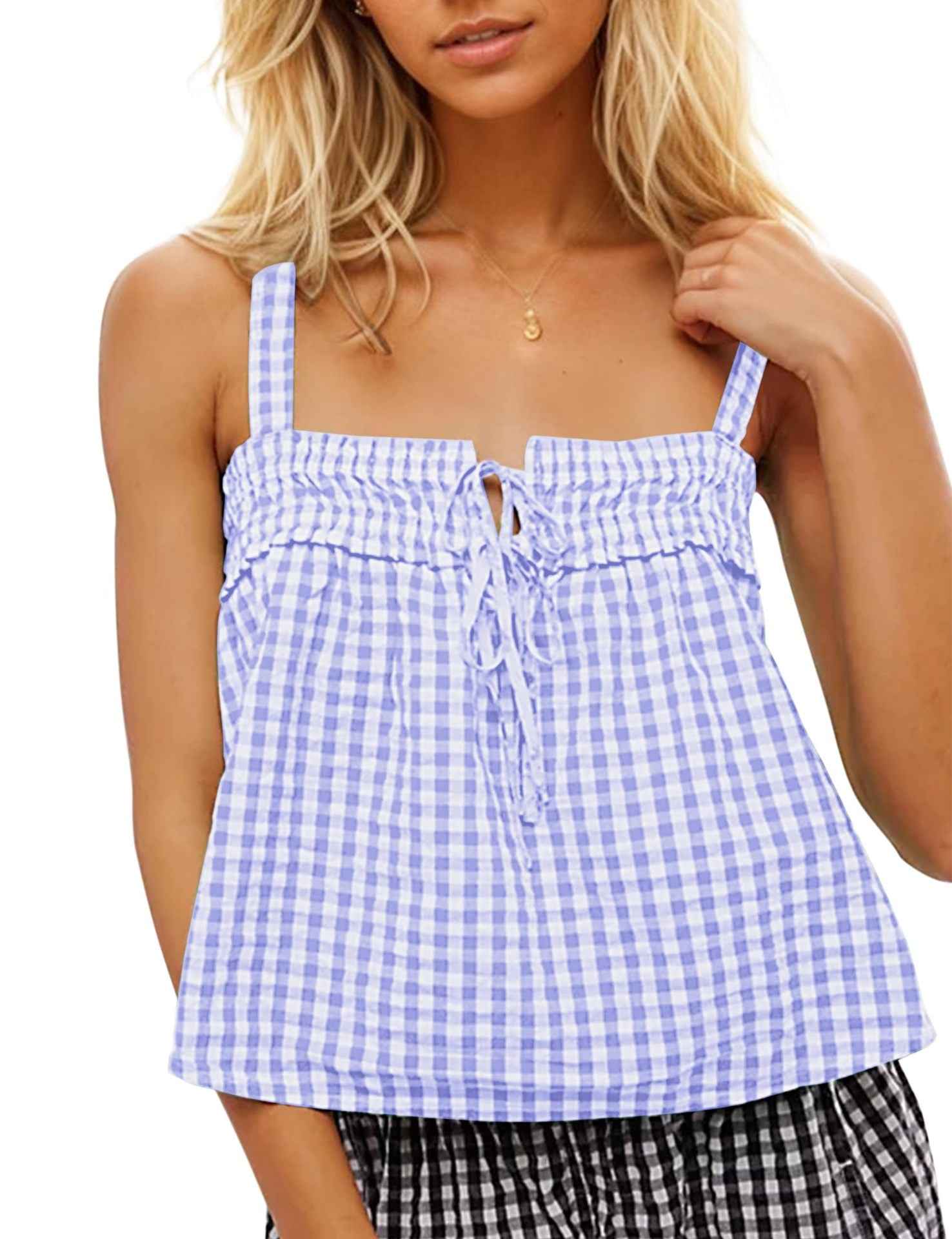 Summer Women Top Plaid Pleated Stitching Sexy Small Vest
