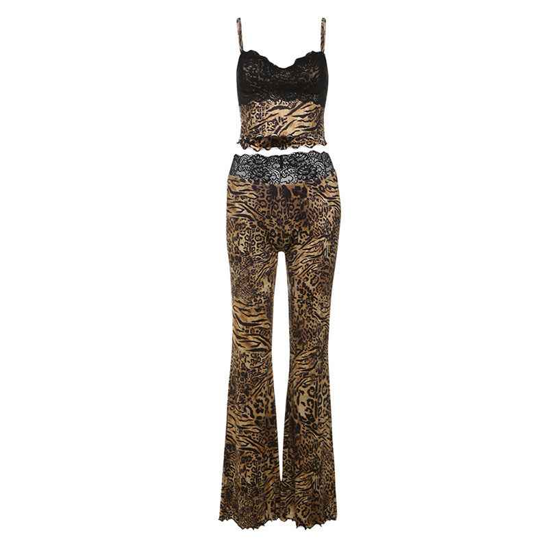 Winter Women Clothing Sexy Leopard Splicing Lace Design Suspenders Slimming Sheath Trousers Set