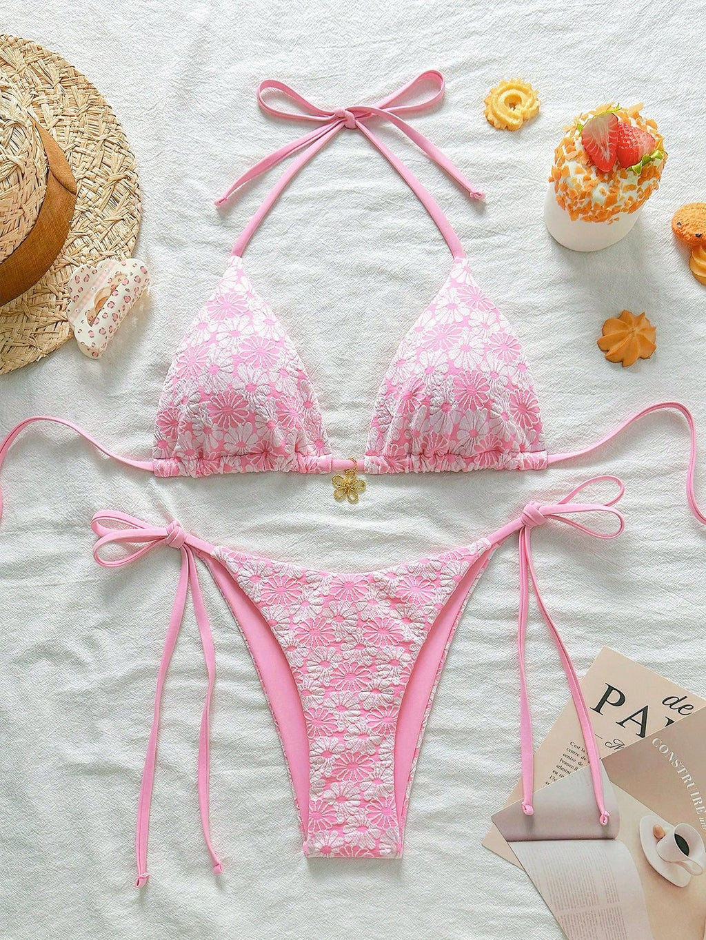 Sexy Floral Bikini Lace up Split Swimsuit Fresh Bikini Swimsuit - ALZO