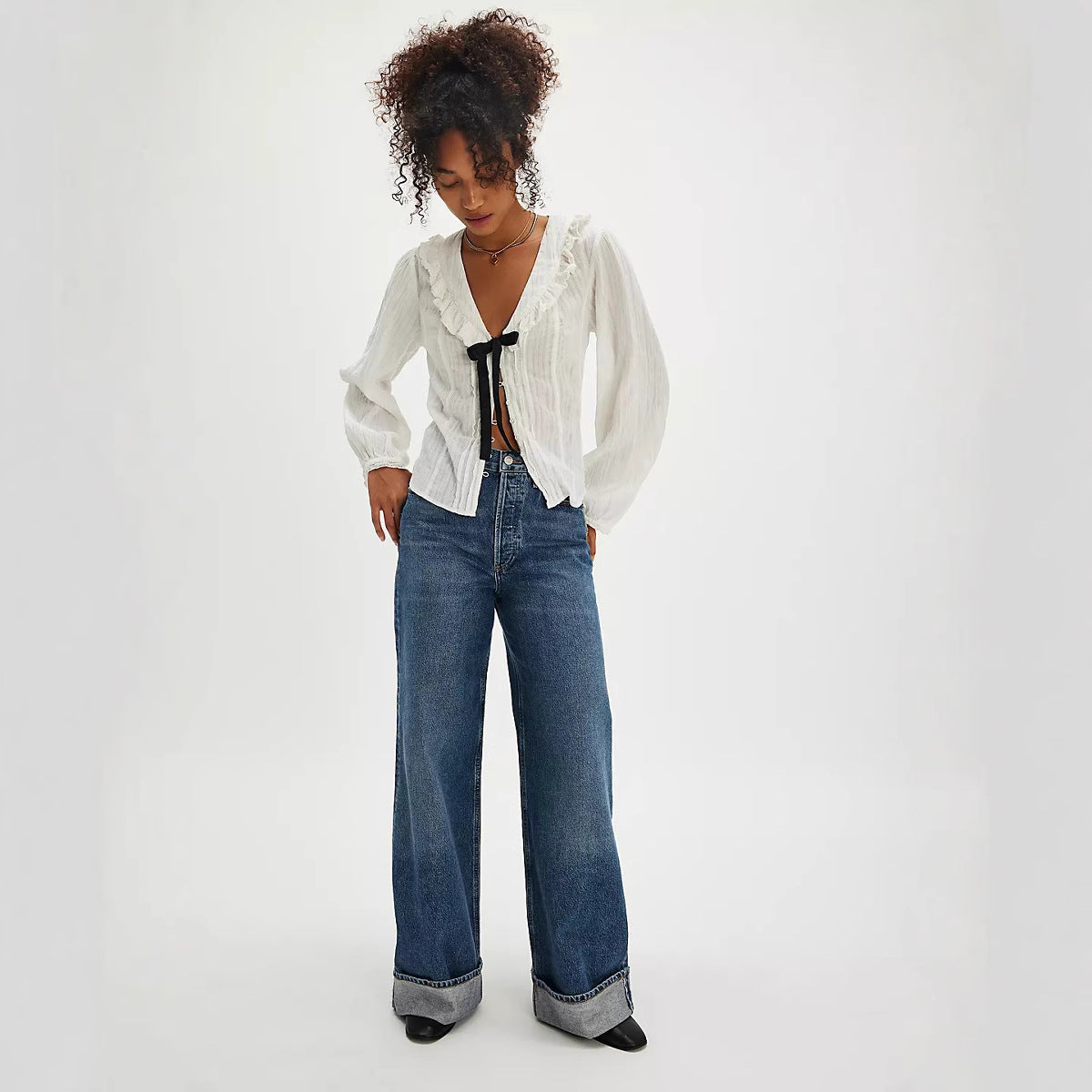 Retro High Waist Slimming Straight Casual Wide Leg Loose Washed Design Jeans - ALZO