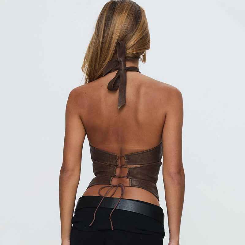 Women Clothing Vintage Brown Leather Ring Decoration Halterneck Vest Waist-Controlled Backless Lace up Top
