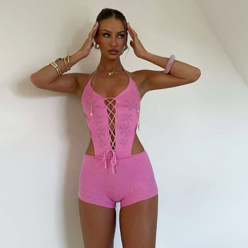 Women Clothing Spring Summer Knitted Sexy Cutout Solid Color Halter Lace up Backless Siamese Shorts Women - ALZO