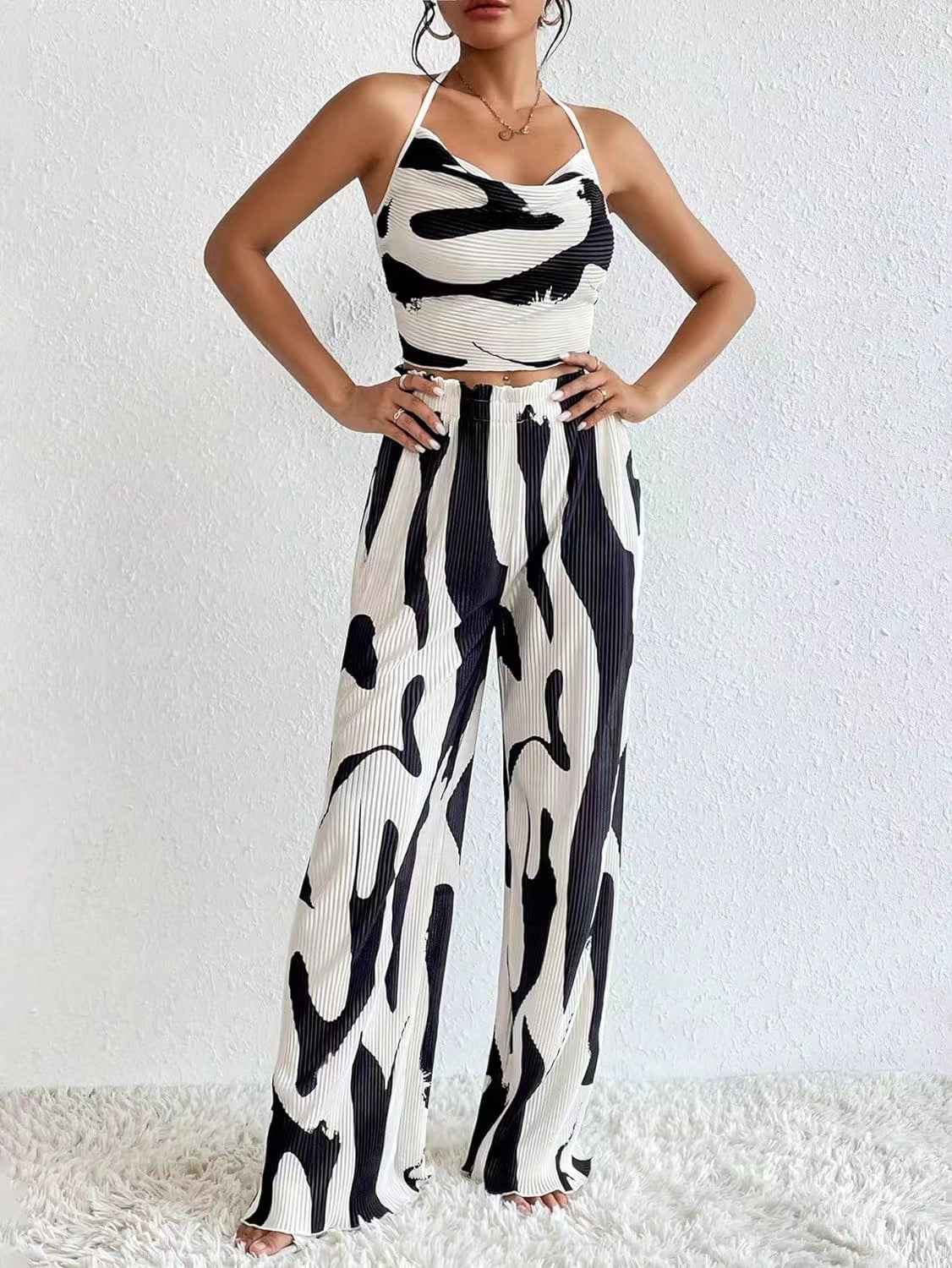 Women Clothing Summer Big Pit Stripe Printed Halter Wide Leg Trousers Casual Sets
