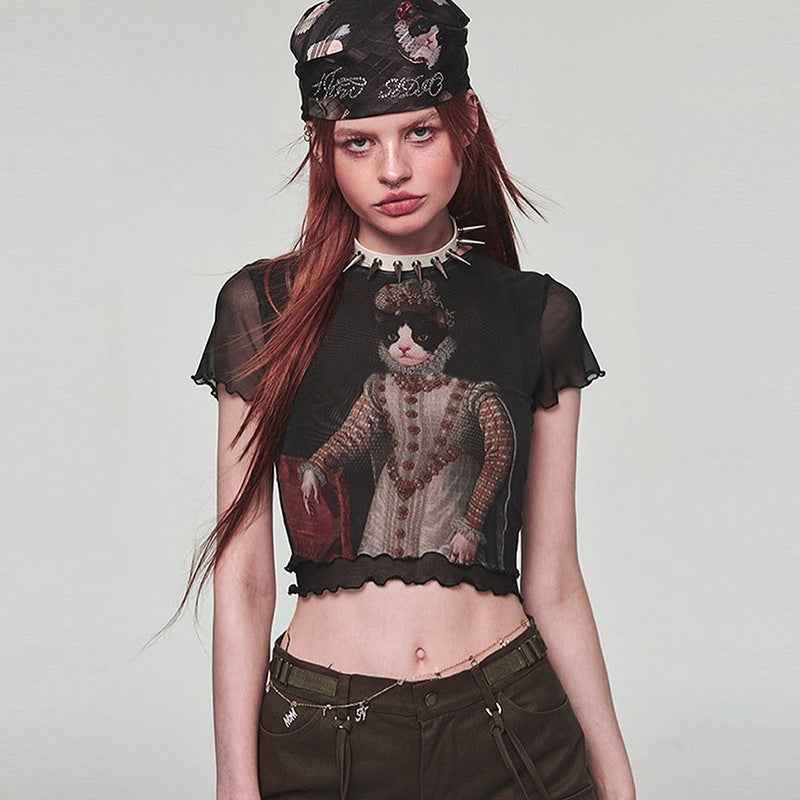 Retro Sexy Cat Printing Mesh Top Women Clothing Trendy Summer