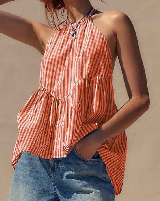 Summer Women Wear Striped Lace up Backless Women Top Sexy