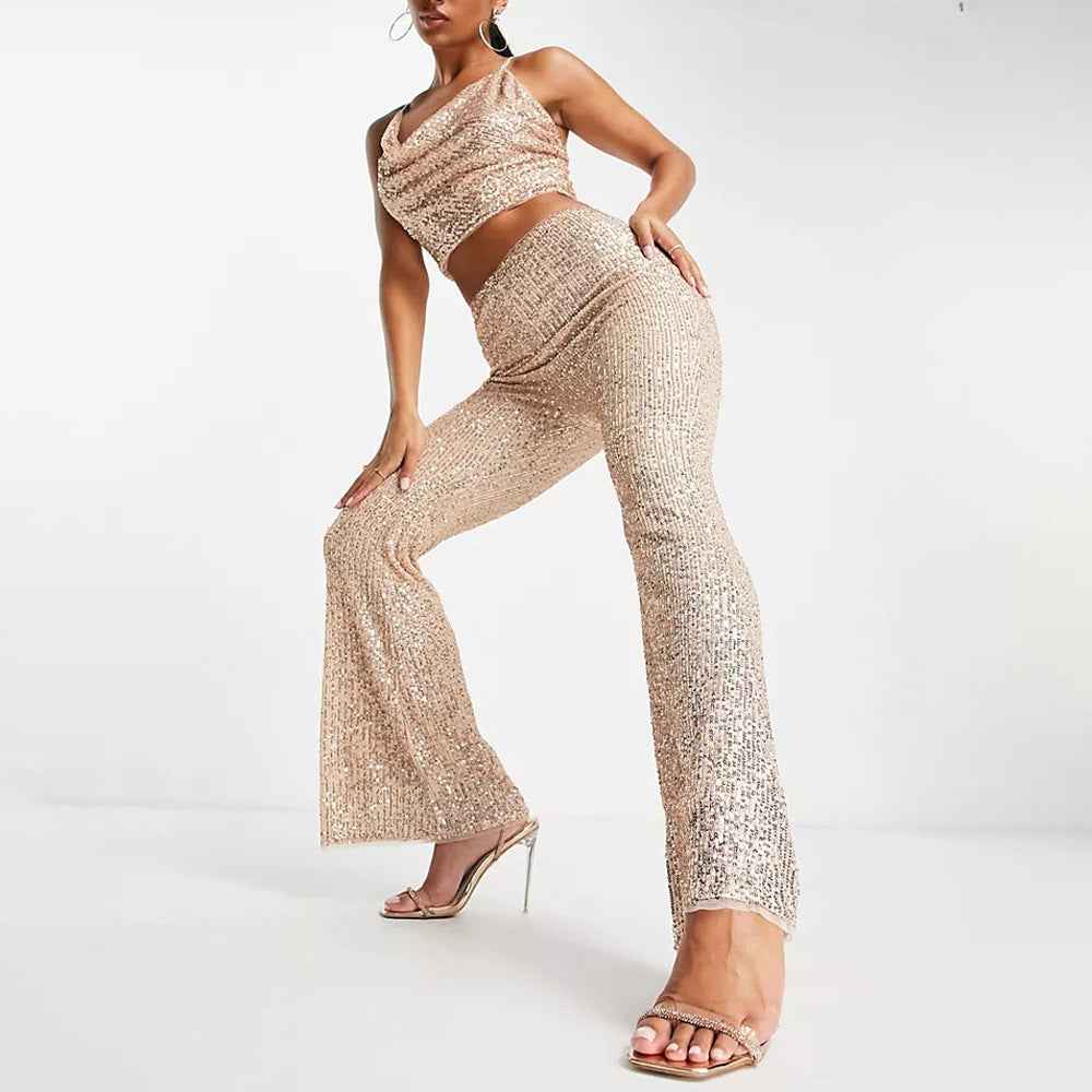 Sequin Repair Bell Bottom Pants Multi Color Women Flared Party Sequin Pants