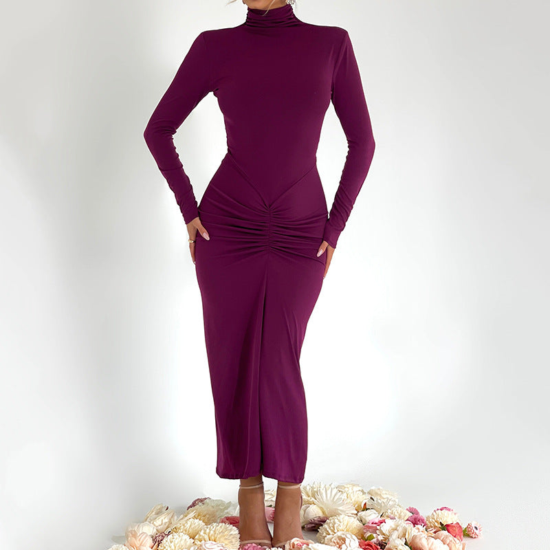 Autumn Winter Half High Collar Long Sleeves Dress Sexy Elegant Bodycon Maxi Dress for Women - ALZO