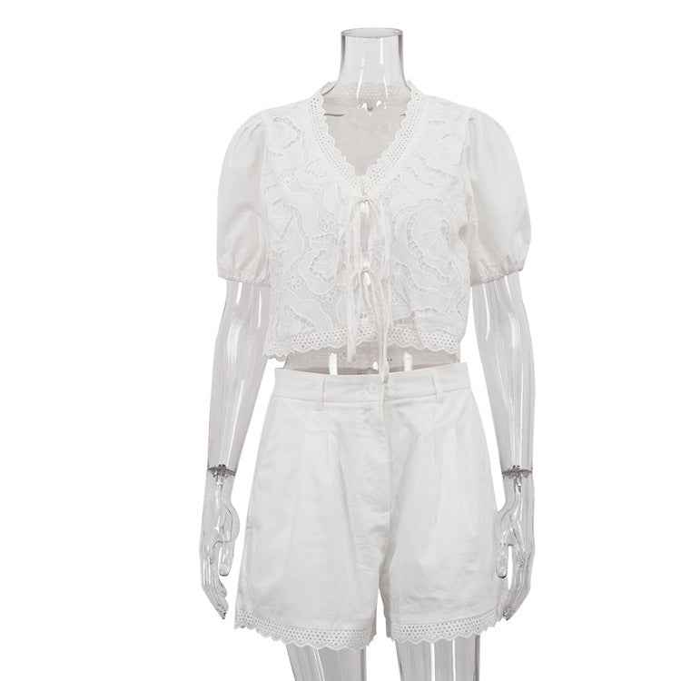 Cotton Hollow Out Cutout out Stitching Women Clothing Spring Summer V neck Short Sleeve Lace up Top Shorts Two Piece Set