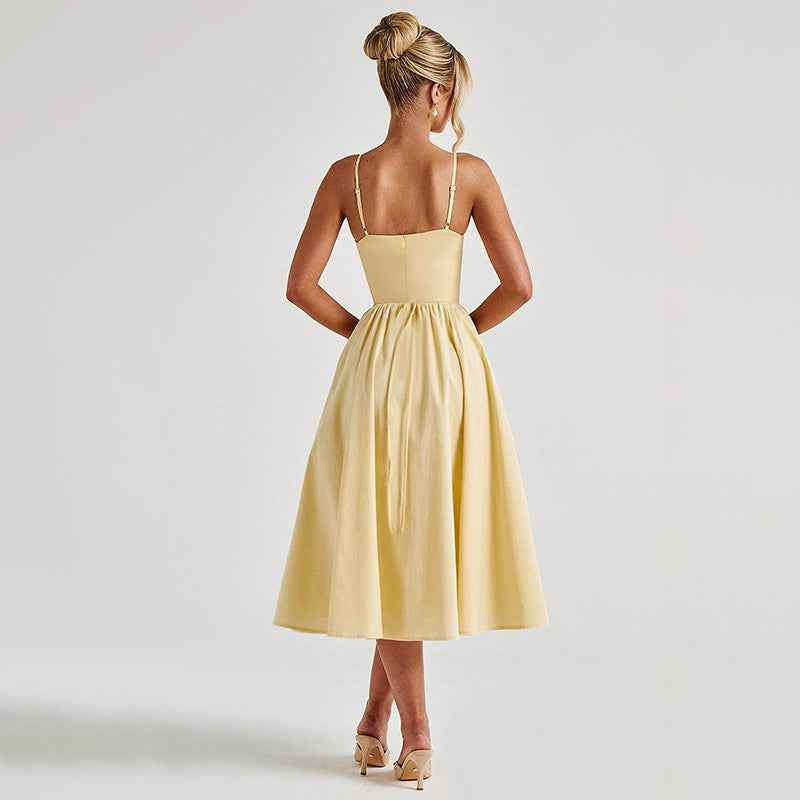 Fashionable Waist Strap Dress Spring Slim Fit Solid Color V neck Maxi Dress for Women