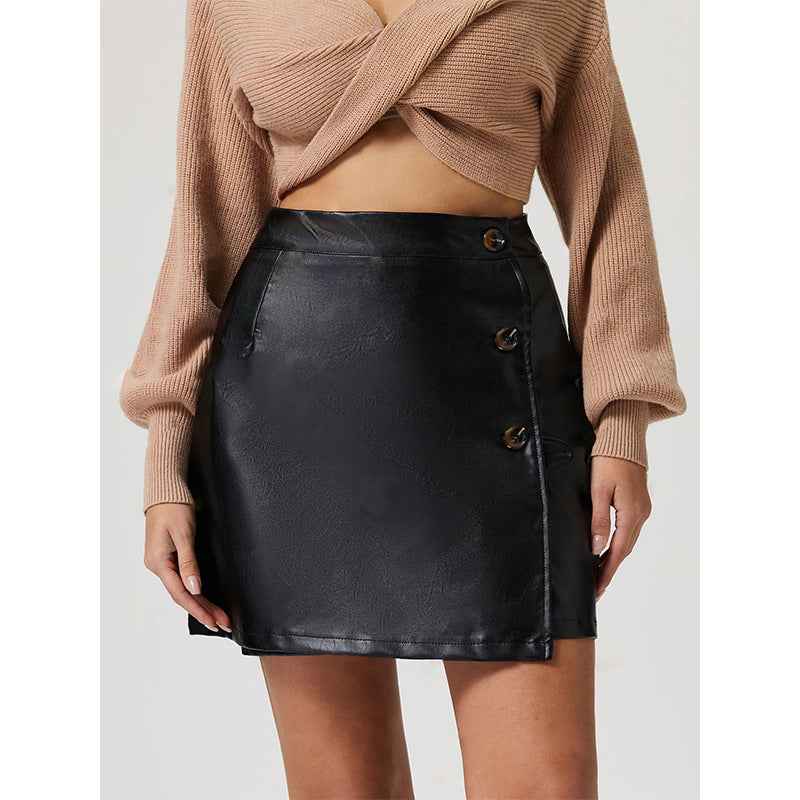 Women Clothing All Match Sexy Sheath Button Faux Leather Half Length