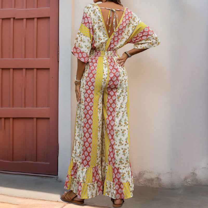 Women Five Quarter Sleeve V neck Geometric Abstract Striped Floral Printed Jumpsuit