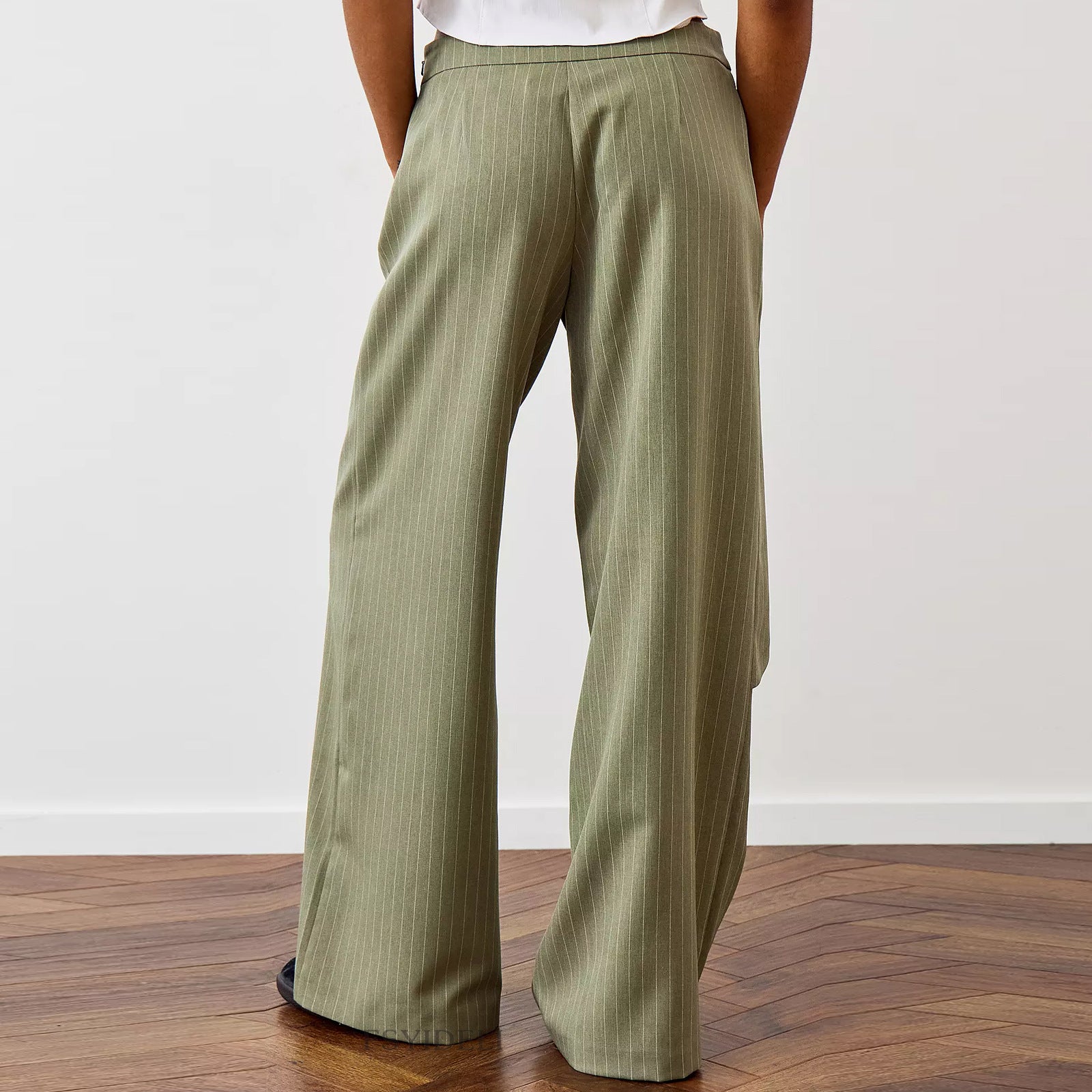 Work Pant Women Solid Color Loose Irregular Asymmetric Casual Striped Wide-Leg Pants Women - ALZO