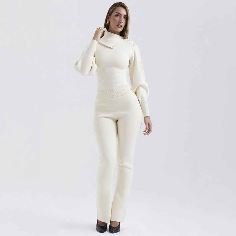 Winter Two Piece Set Sexy Trend Hooded Long Sleeve Straight Leg Pants Knitting Set