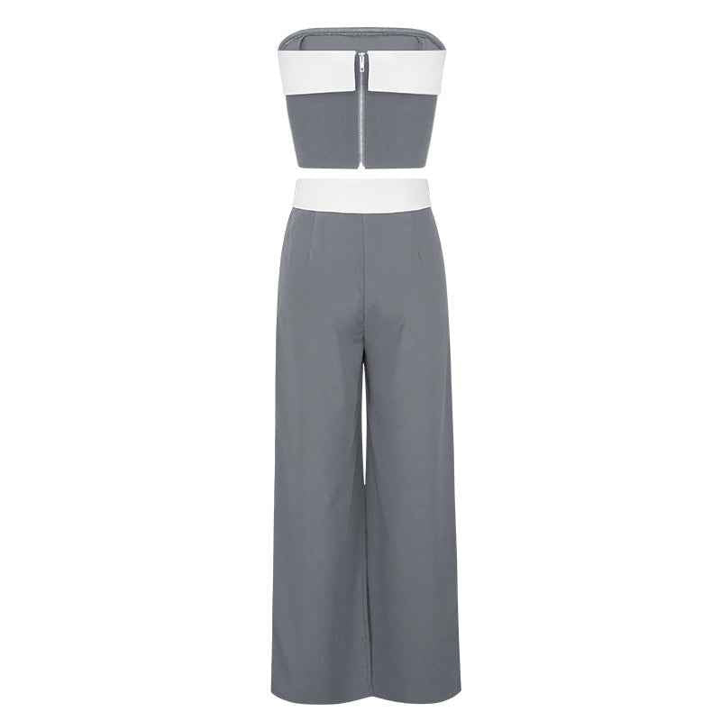 Spring Summer Contrast Color Vest Wide Leg Work Pant Casual Two Piece Suit