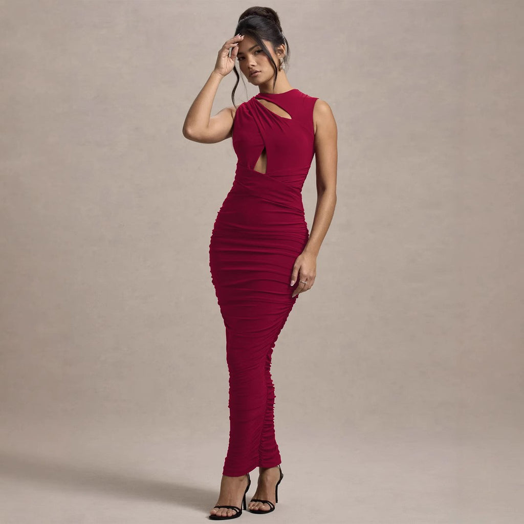 Autumn Winter Women Clothing Elegant Pleated Slim Sleeveless round Neck Sheath Dress - ALZO