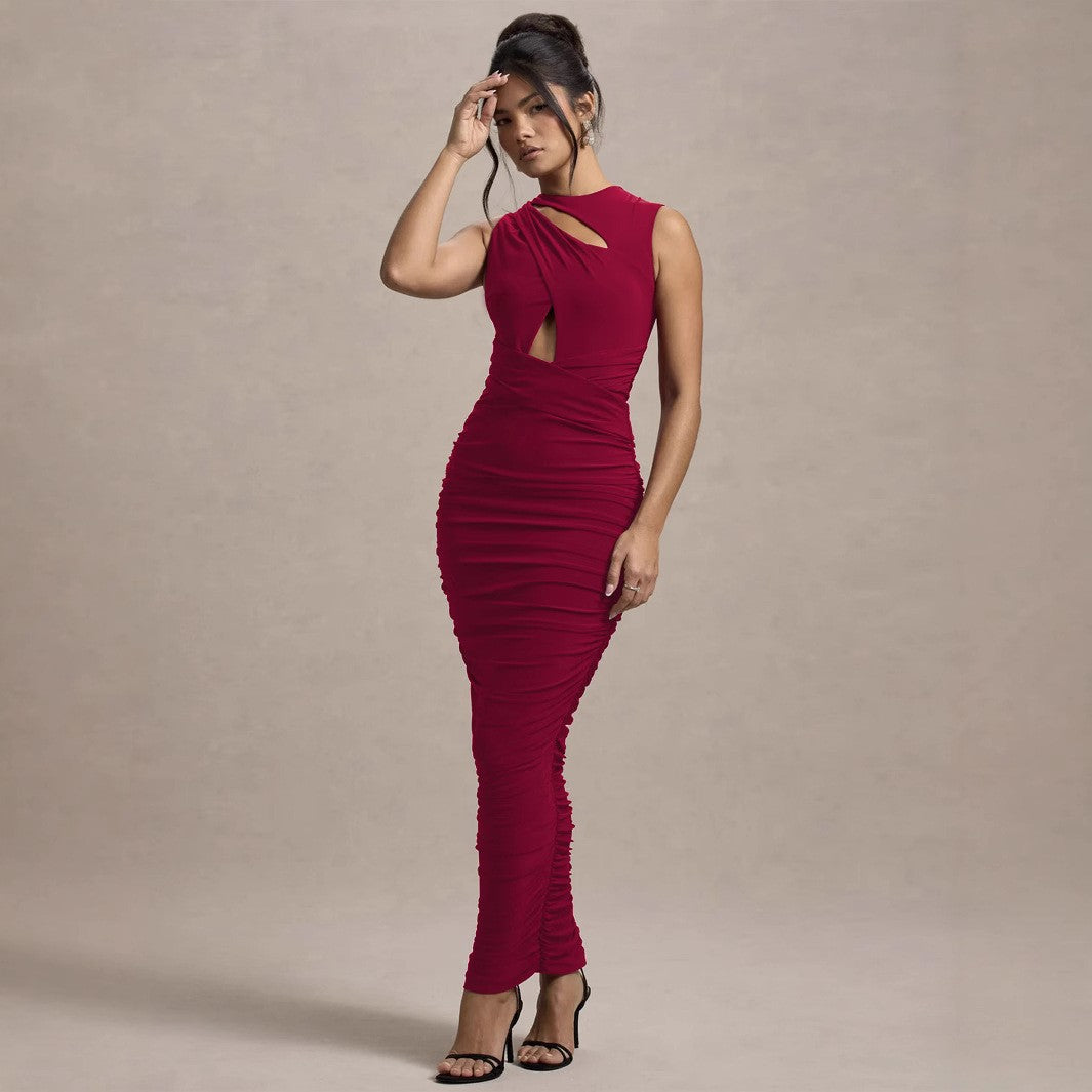 Autumn Winter Women Clothing Elegant Pleated Slim Sleeveless round Neck Sheath Dress - ALZO