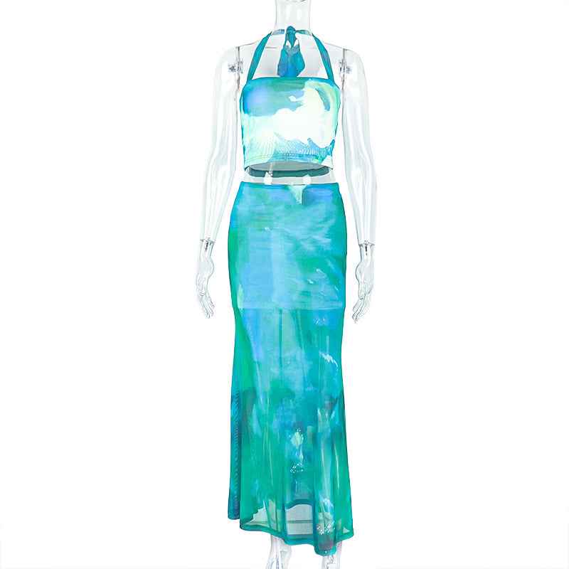 Printed Color Matching Skirt Set Sheath off the Shoulder Strap Dress Two Piece Set Fresh Fit Women Clothing