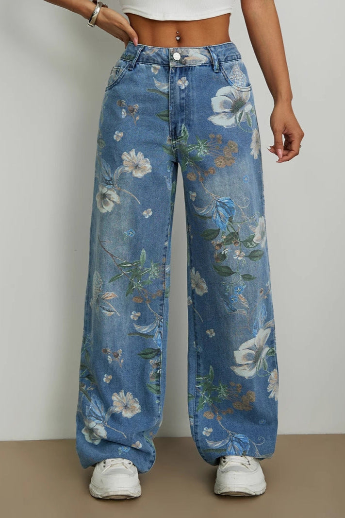 Street Trends Loose Straight Wide Leg Pants Printed Denim Trousers - ALZO