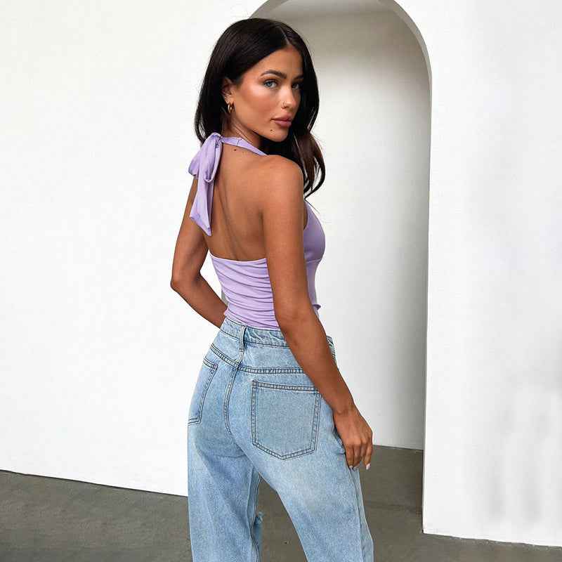 Collar Solid Color Slimming Halter Lace up Camisole Women Sexy Top