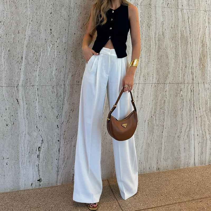 Spring Summer Ladies All Match Solid Color Loose Wide Leg Straight Trousers