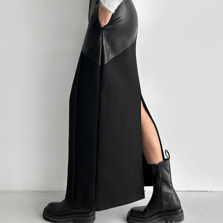 Women Clothing Retro Faux Leather Stitching Design Half Length Skirt Women Wild High Waist Slit Hip Skirt - ALZO
