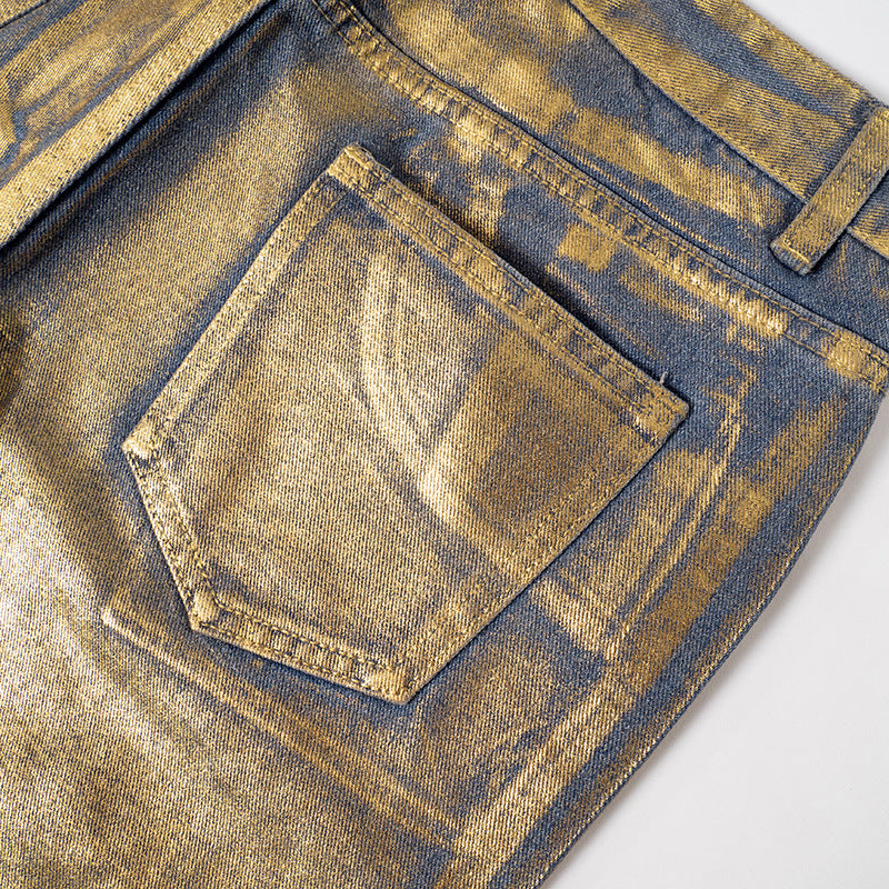 Metallic Coated Fabric Women Clothing Autumn Winter Street Bronzing Pocket Straight Denim Trousers - ALZO