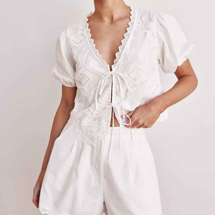 Cotton Hollow Out Cutout out Stitching Women Clothing Spring Summer V neck Short Sleeve Lace up Top Shorts Two Piece Set