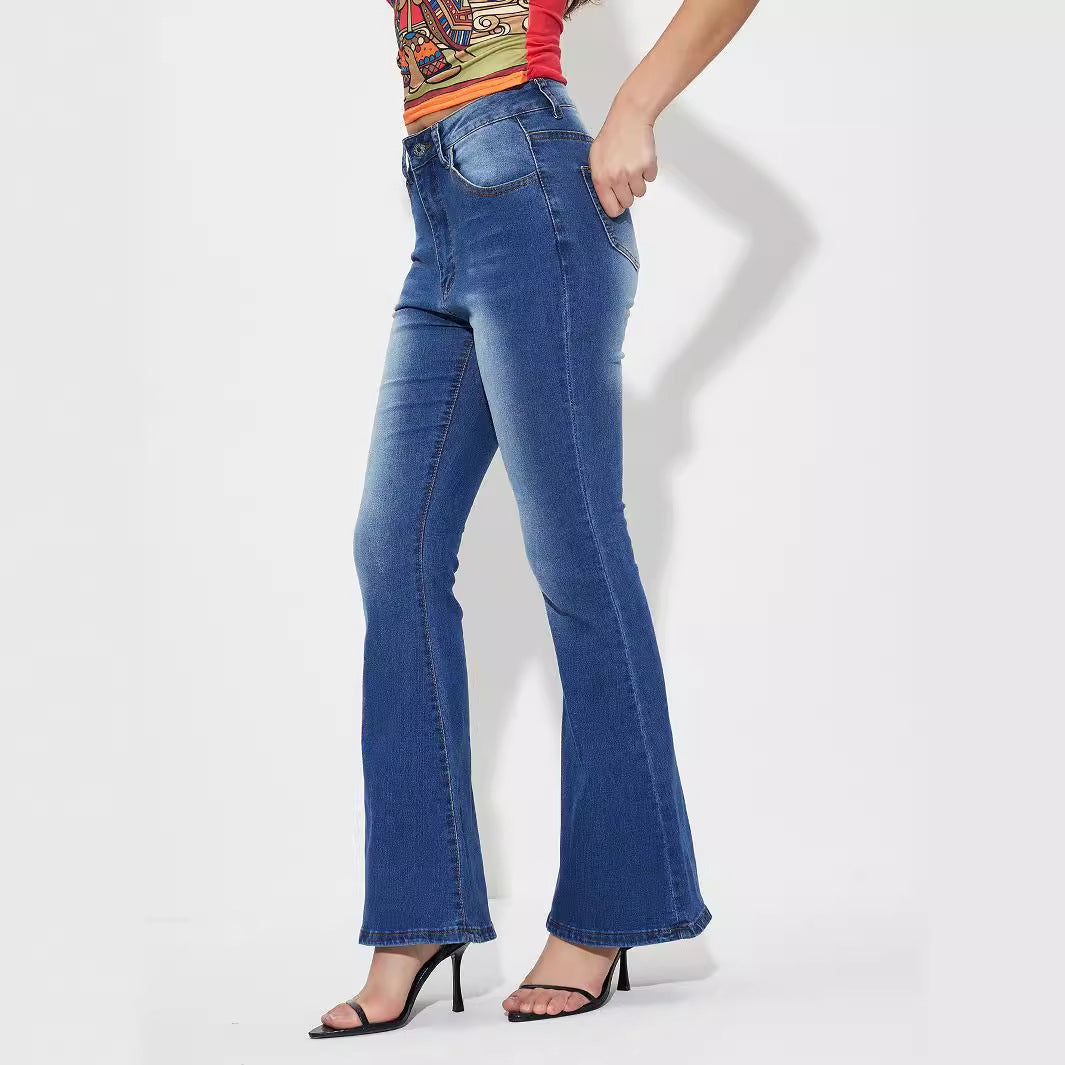 Women Clothing Casual All Match Horn High Elastic Denim Trousers - ALZO