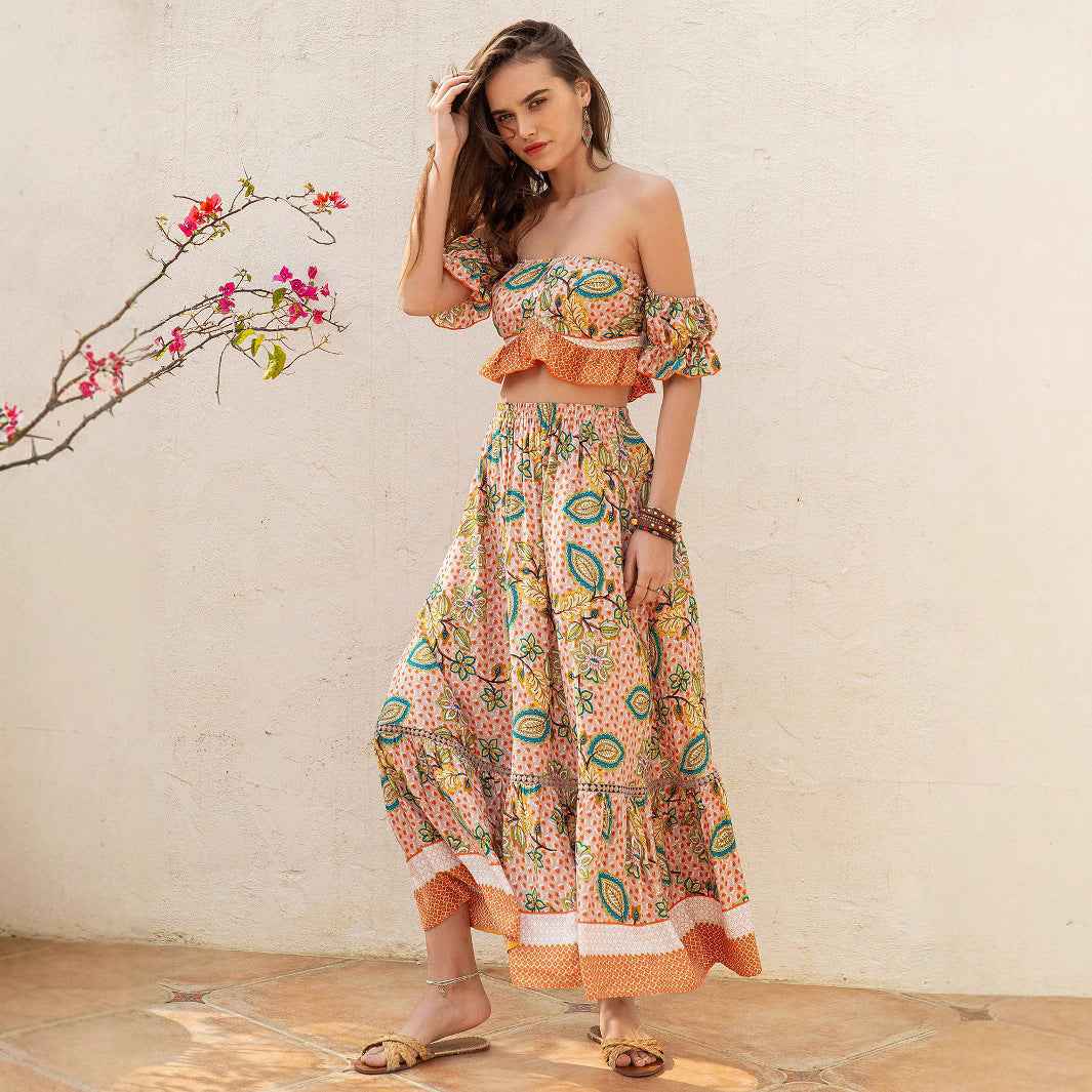 Bohemian Women off Shoulder Top Skirt Set Colorful Floral Leaf Printed Elegant