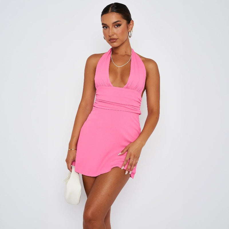Summer Deep V Plunge Lace up Halterneck Vest Skirt Suit Outfit Women Clothing - ALZO