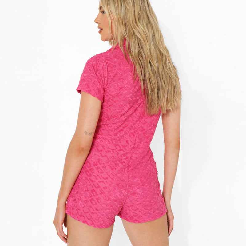 Knitted Embossed Women Jumpsuit Polo Collar Sexy Peter Pan Collar Cardigan Single Breasted Shorts Jumpsuit
