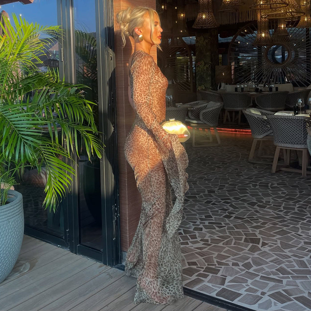 Summer Leopard Print Dress Sexy See through Shoulder Single Sleeve Slim Fit Sexy Dress - ALZO