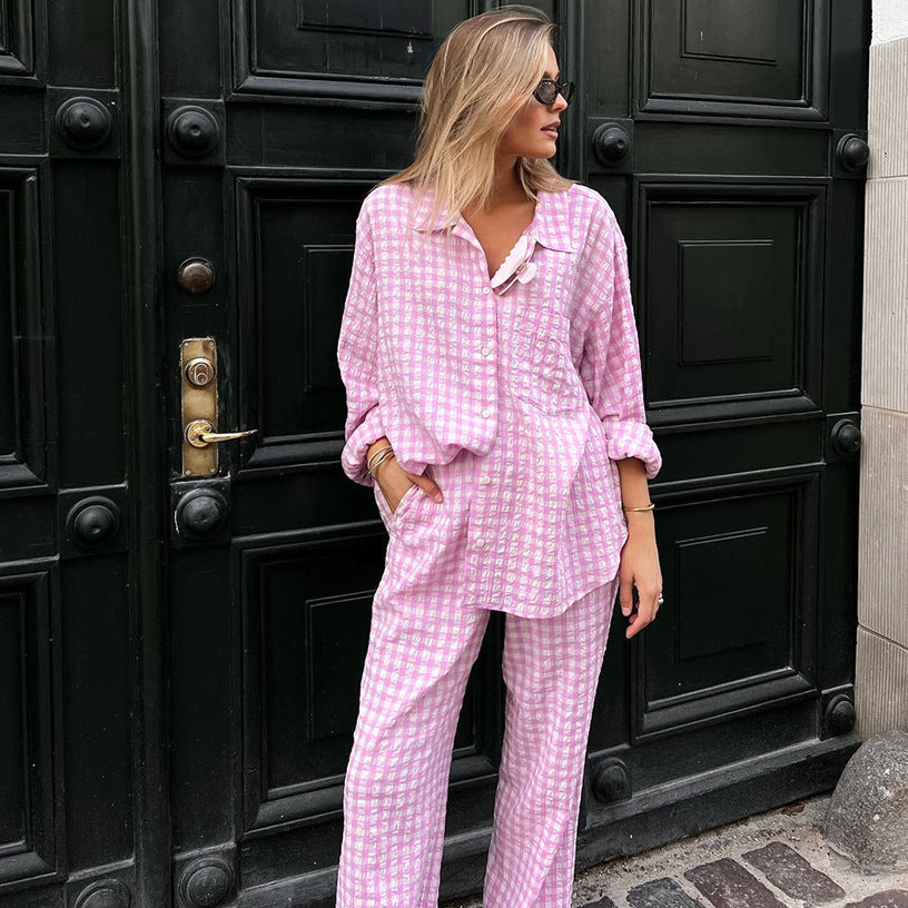 Autumn Winter Pink Plaid Loose Casual Office Two Piece Set for Women - ALZO