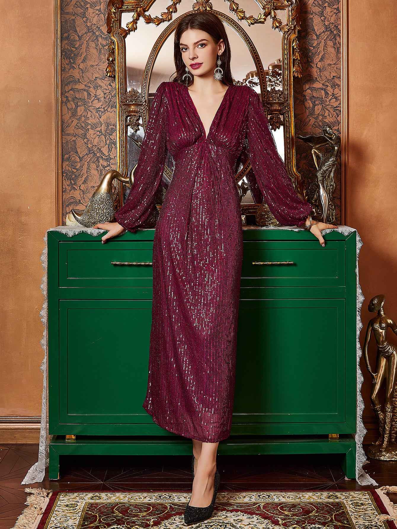 Solid Color V neck Sequined Elegant Slim Summer Cocktail Party Evening Dress