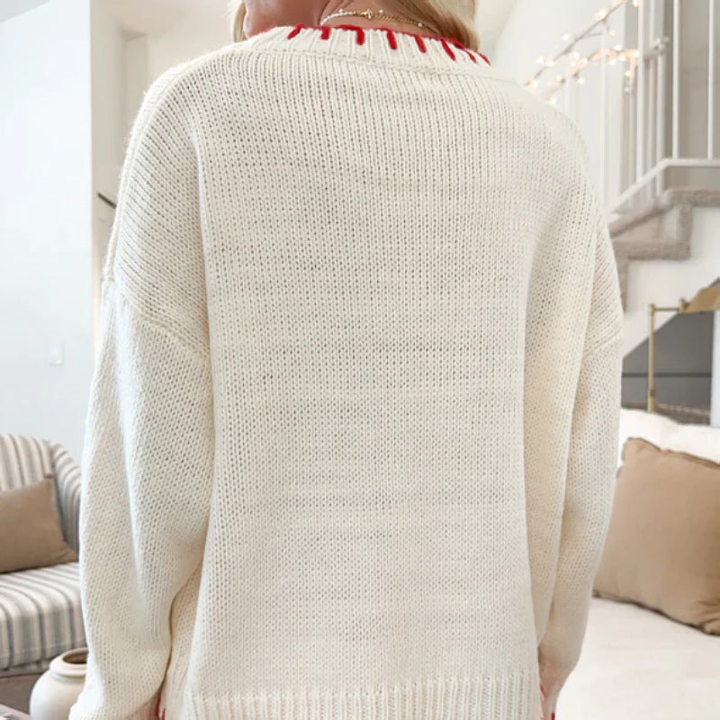 Lazy Wind Pullover Knitted Top Bow Jacquard Loose Fitting Outerwear Sweater Women - ALZO