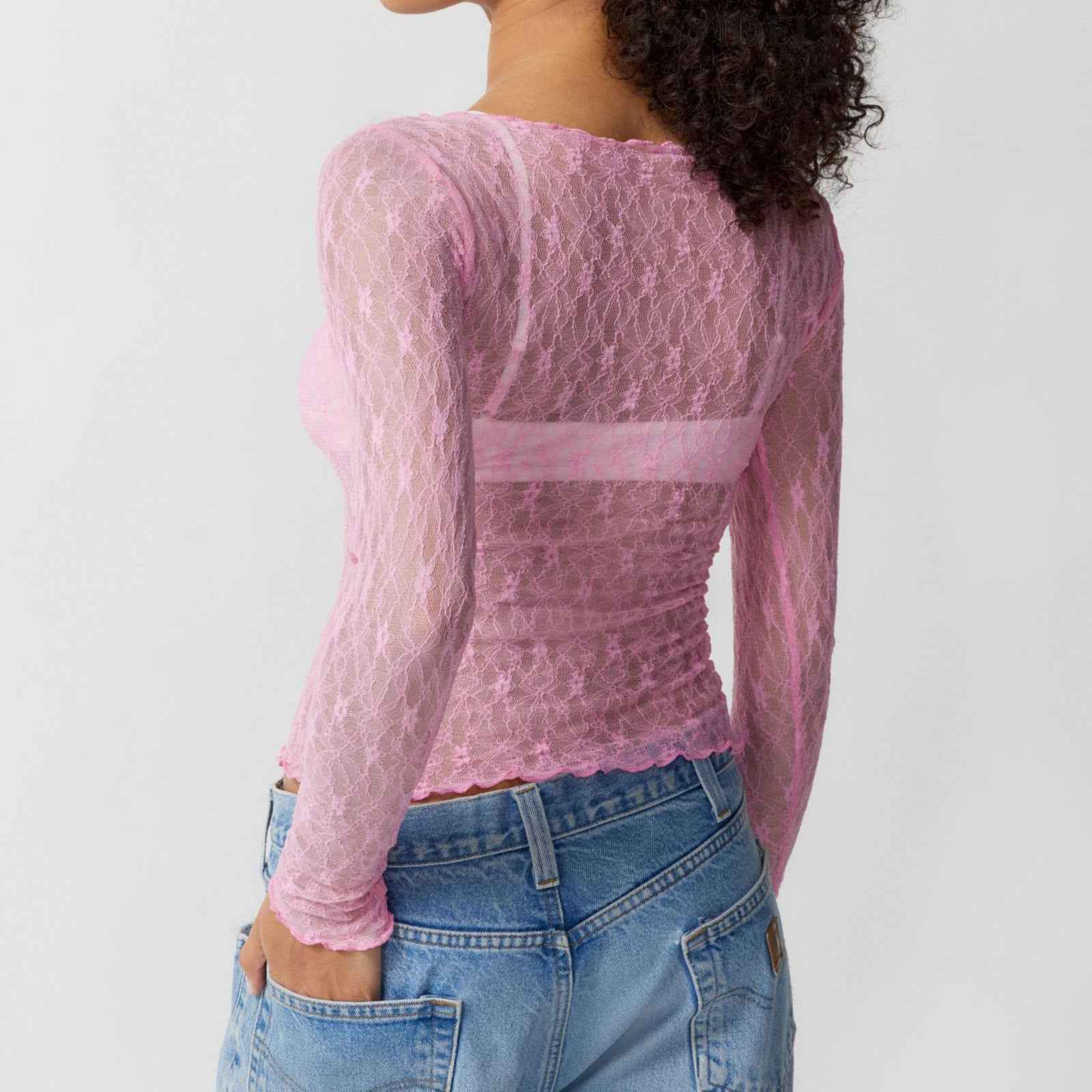 Sexy Transparent Lace Mesh T shirt Wave Edge Slightly Transparent Short Slim Outer Wear Top