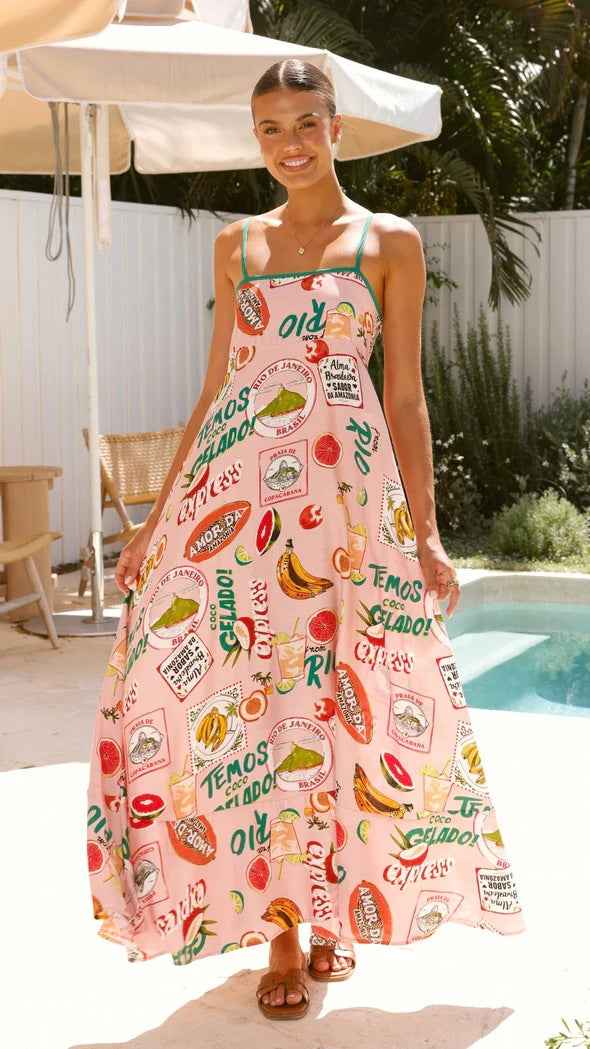 Summer Printed High Waist Seaside Holiday Casual Swing Dress Long Dress