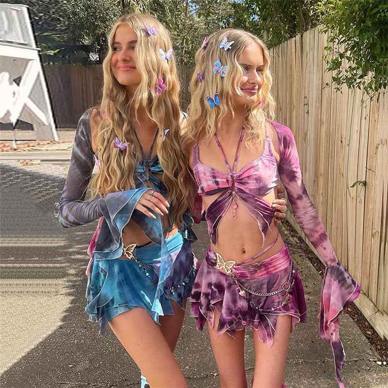 Women Clothing Autumn Sweet Bell Sleeve Butterfly Print Lace up Tassel Sexy Cutout Skirt Sets