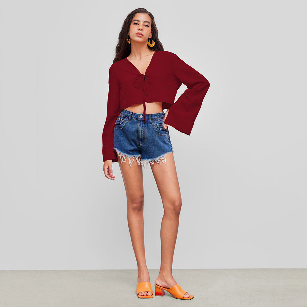 Sexy V Neck T Shirt Autumn Winter Chest Lace Up Niche Wine Red Cardigan Top Women - ALZO