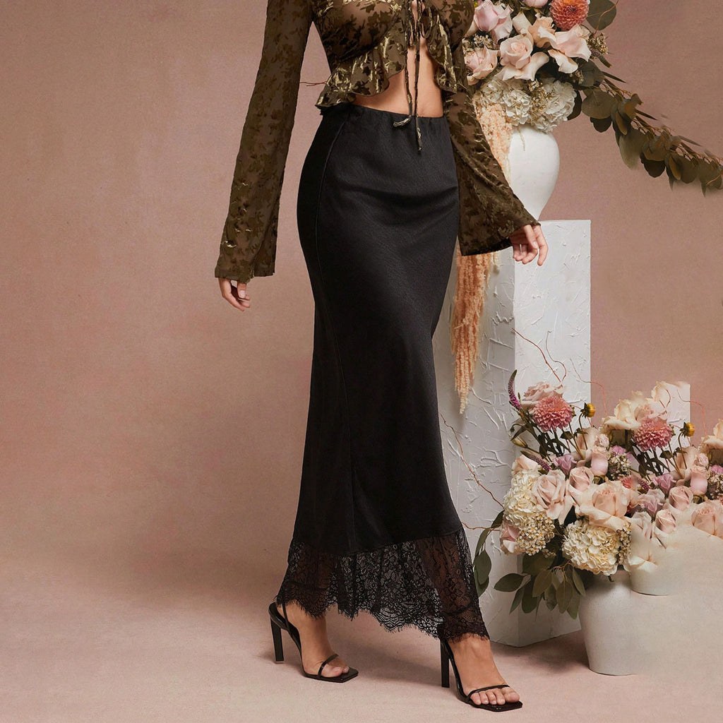 Skirt Lace Stitching Satin Satin Skirt Socialite Women Clothing - ALZO