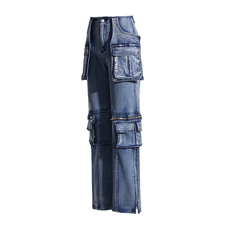 Casual Women Jeans Autumn Stitching Large Pocket Straight Slimming Denim Trousers - ALZO