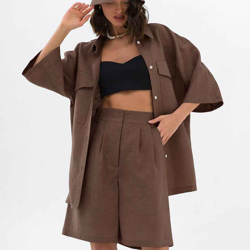 Solid Color All Match Office Collared Drop Shoulder Twet Outfit Summer Straight Shorts Set