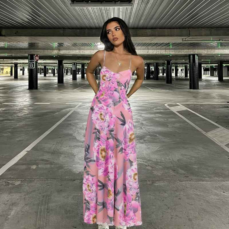Spring Women Clothing French Sexy V neck Backless Slim Fit Floral Strap Dress