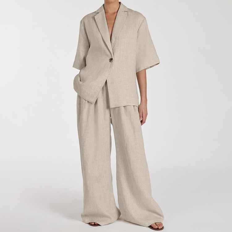Spring Summer Linen Office Women Collared Half Sleeve Cardigan Top Loose Wide Leg Pants Two Piece Set