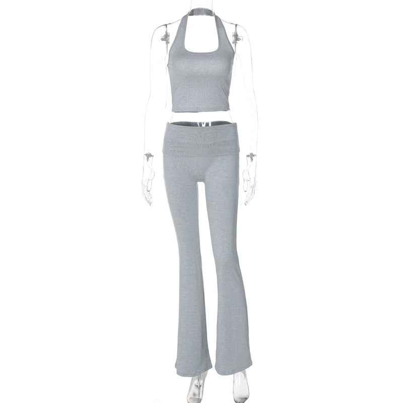 Women Clothing Summer Halter Backless Vest Slim Pants Set