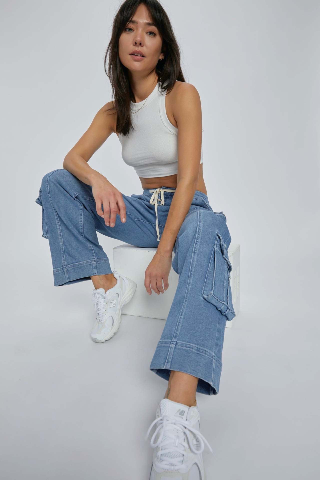 Spring Street Washed Cargo Pants Women Multi Pocket Wide Leg Lace up Jeans - ALZO