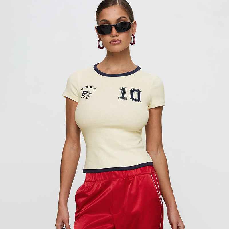 Round Neck Contrast Color Letter Graphic Print Short-Sleeve T shirt Women Summer Street Sexy Top